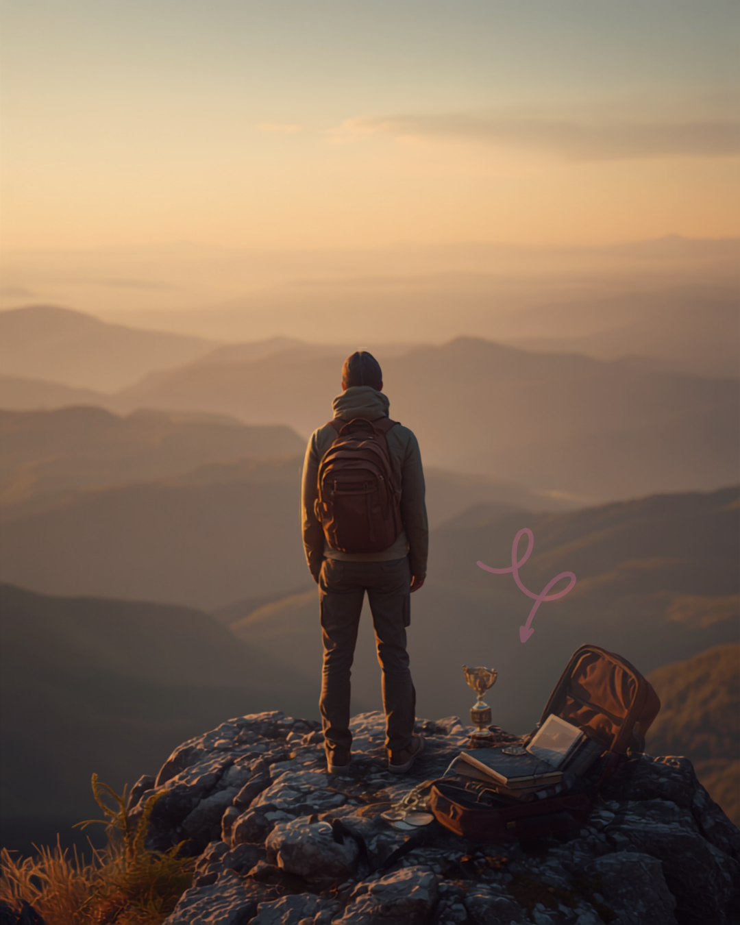 High-achieving professional carrying a backpack symbolizing achievement and identity, representing burnout and emotional weight associated with success.